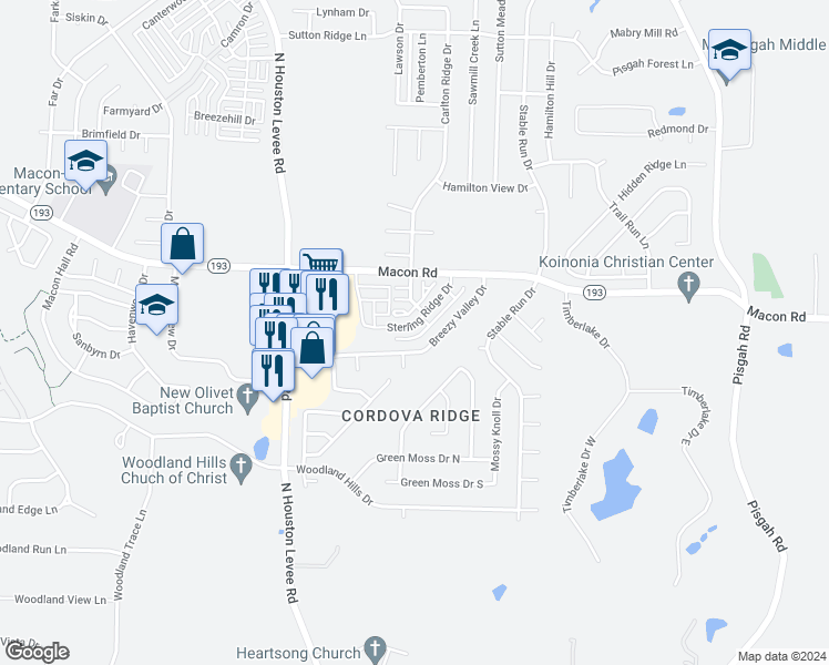 map of restaurants, bars, coffee shops, grocery stores, and more near 10199 Sterling Ridge Drive in Shelby