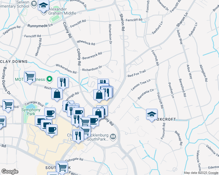 map of restaurants, bars, coffee shops, grocery stores, and more near 3831 Cornerwood Lane in Charlotte