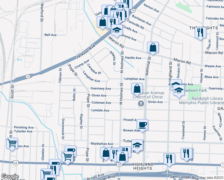 map of restaurants, bars, coffee shops, grocery stores, and more near 3247 Guernsey Avenue in Memphis