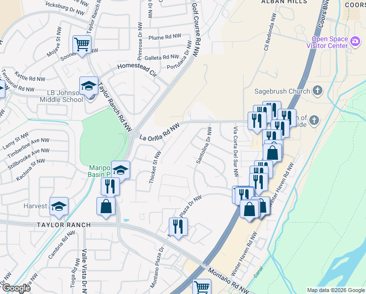 map of restaurants, bars, coffee shops, grocery stores, and more near 6321 Prairie Sage Drive Northwest in Albuquerque