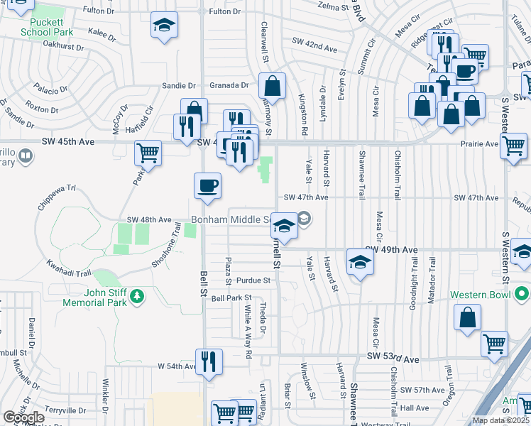 map of restaurants, bars, coffee shops, grocery stores, and more near 5700 Wabash Street in Amarillo