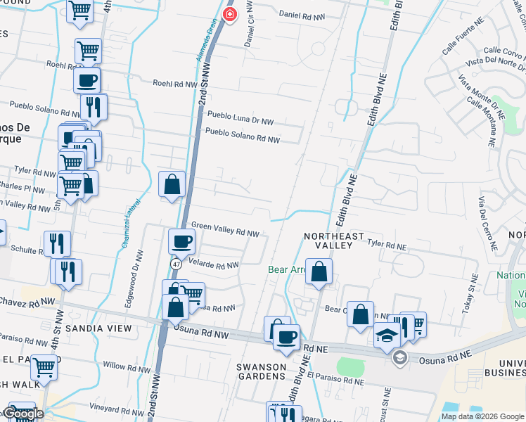 map of restaurants, bars, coffee shops, grocery stores, and more near 102 Tyler Road Northwest in Albuquerque
