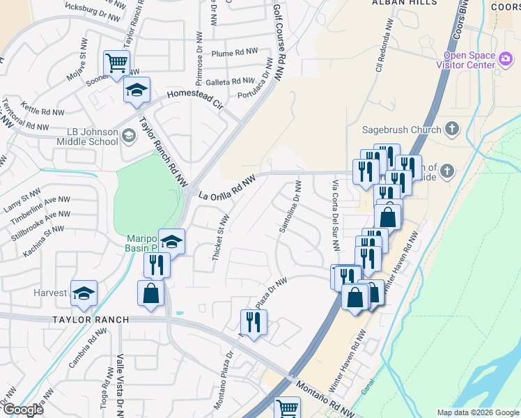 map of restaurants, bars, coffee shops, grocery stores, and more near 6321 Prairie Sage Drive Northwest in Albuquerque
