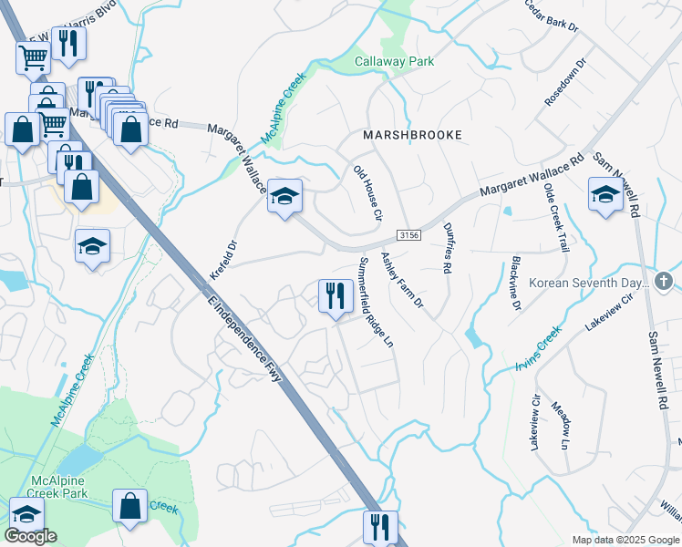 map of restaurants, bars, coffee shops, grocery stores, and more near 2955 Little Stream Court in Matthews