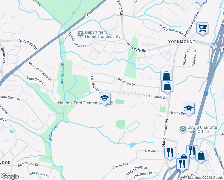 map of restaurants, bars, coffee shops, grocery stores, and more near 633 Dunbrook Lane in Charlotte