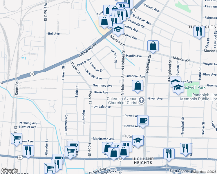map of restaurants, bars, coffee shops, grocery stores, and more near 963 Hudson Street in Memphis