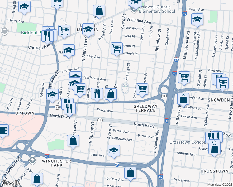 map of restaurants, bars, coffee shops, grocery stores, and more near 669 Ayers Street in Memphis