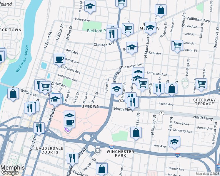 map of restaurants, bars, coffee shops, grocery stores, and more near 637 Thomas Street in Memphis