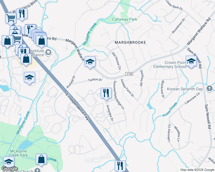 map of restaurants, bars, coffee shops, grocery stores, and more near 2955 Little Stream Court in Matthews