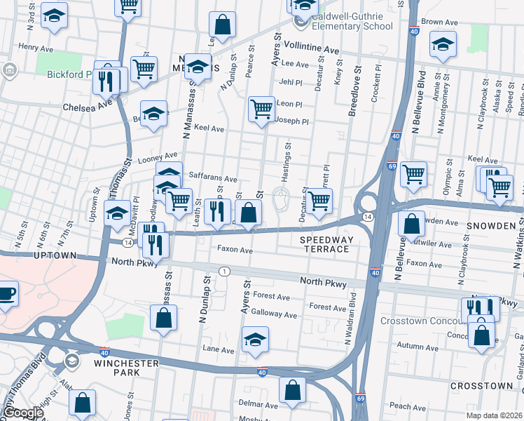 map of restaurants, bars, coffee shops, grocery stores, and more near 669 Ayers Street in Memphis