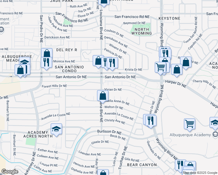 map of restaurants, bars, coffee shops, grocery stores, and more near 7017 Vivian Drive Northeast in Albuquerque