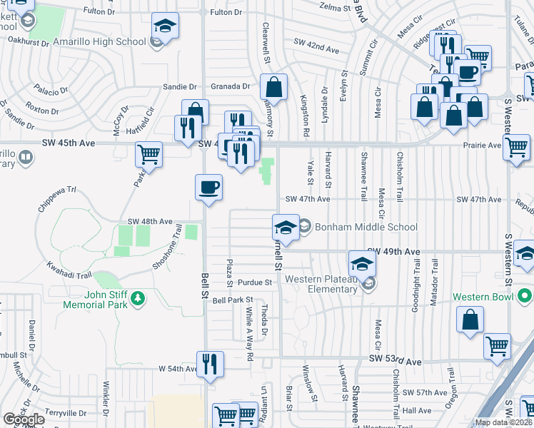 map of restaurants, bars, coffee shops, grocery stores, and more near 5700 Wabash Street in Amarillo