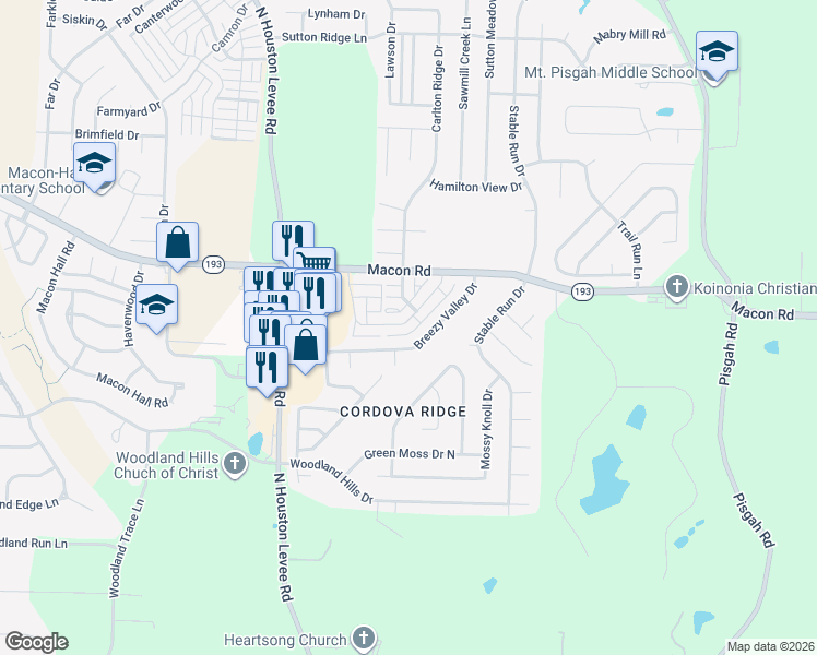 map of restaurants, bars, coffee shops, grocery stores, and more near 10201 Sterling Ridge Drive in Shelby County