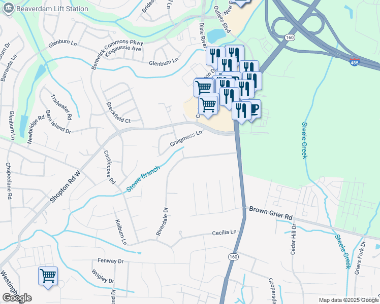 map of restaurants, bars, coffee shops, grocery stores, and more near 4600 Riverdale Drive in Charlotte