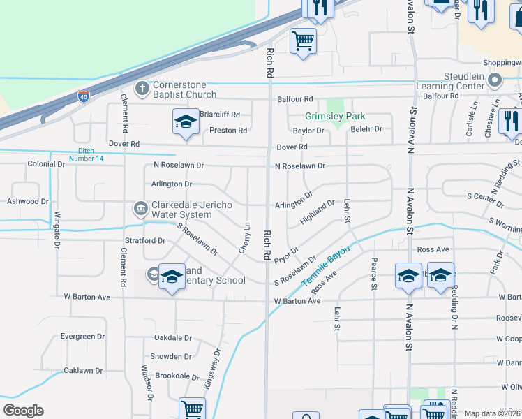 map of restaurants, bars, coffee shops, grocery stores, and more near 1100 Rich Road in West Memphis