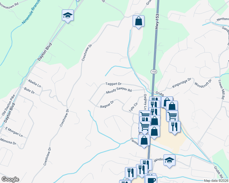 map of restaurants, bars, coffee shops, grocery stores, and more near 5725 Moody Sawyer Road in Chattanooga