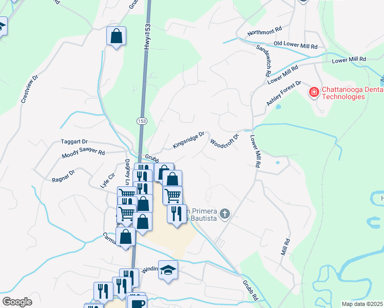 map of restaurants, bars, coffee shops, grocery stores, and more near 450 Kingsridge Drive in Chattanooga