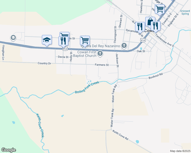 map of restaurants, bars, coffee shops, grocery stores, and more near 249 Circle Drive in Cowan
