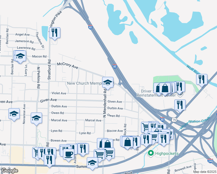 map of restaurants, bars, coffee shops, grocery stores, and more near 4917 Macon Road in Memphis