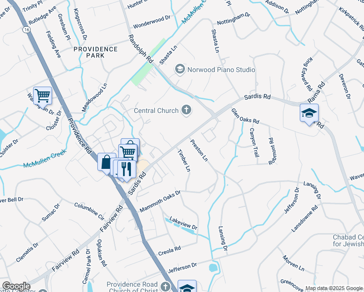 map of restaurants, bars, coffee shops, grocery stores, and more near 5204 Sardis Road in Charlotte