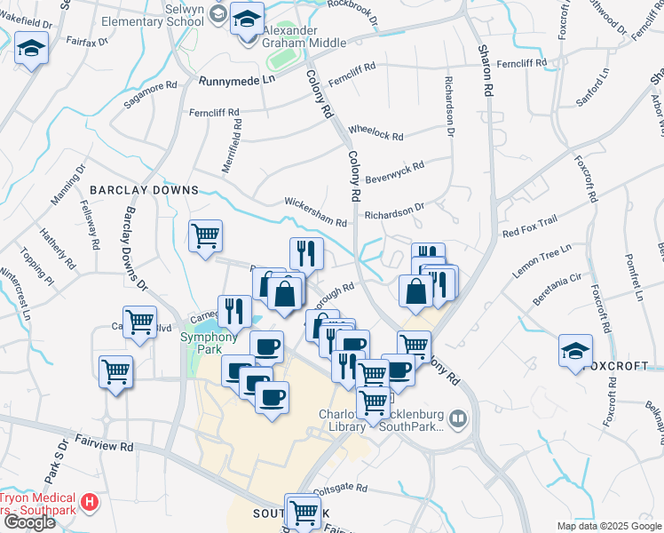 map of restaurants, bars, coffee shops, grocery stores, and more near 3512 Colony Road in Charlotte