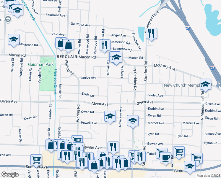 map of restaurants, bars, coffee shops, grocery stores, and more near 987 Berclair Road in Memphis