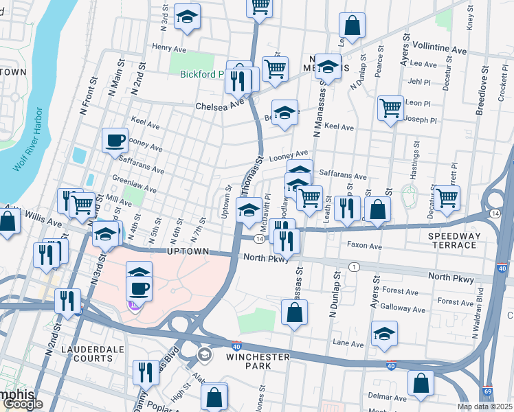 map of restaurants, bars, coffee shops, grocery stores, and more near 630 Peyton Circle in Memphis