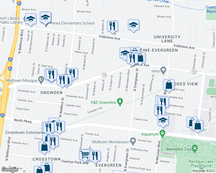 map of restaurants, bars, coffee shops, grocery stores, and more near 725 North Avalon Street in Memphis