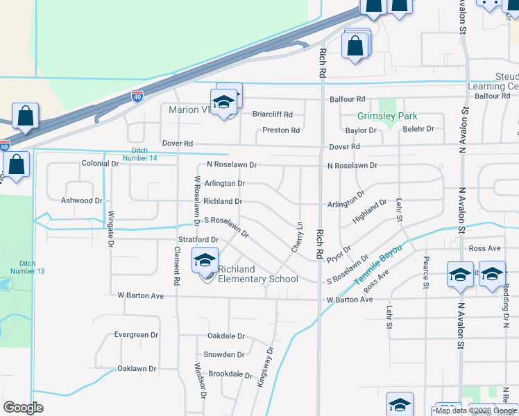 map of restaurants, bars, coffee shops, grocery stores, and more near 901 Richland Drive in West Memphis