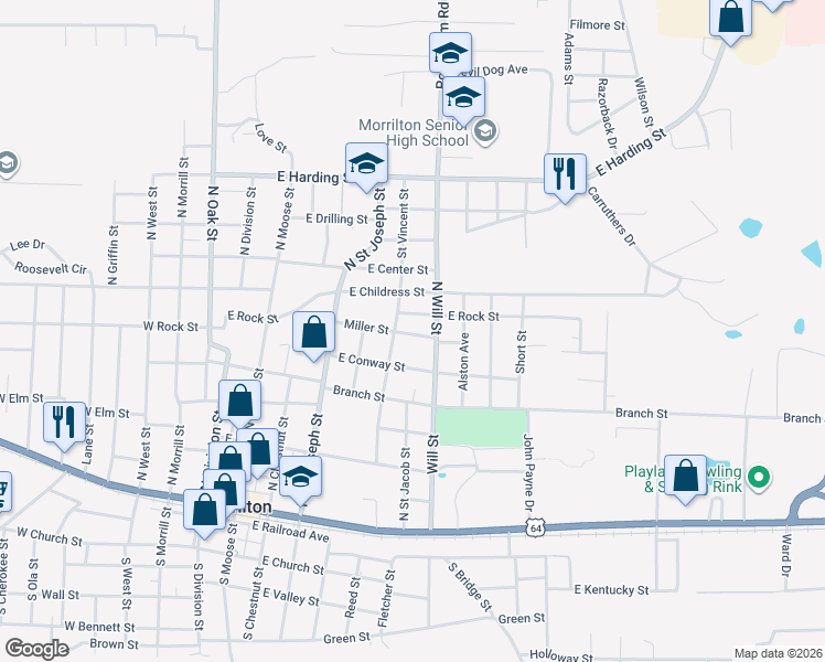 map of restaurants, bars, coffee shops, grocery stores, and more near 703 Saint Vincent Street in Morrilton