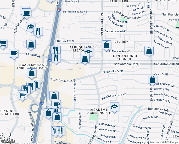 map of restaurants, bars, coffee shops, grocery stores, and more near 6301 Forest Hills Drive Northeast in Albuquerque