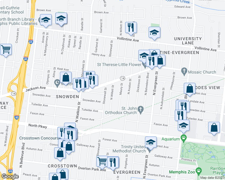 map of restaurants, bars, coffee shops, grocery stores, and more near North Willett Street in Memphis