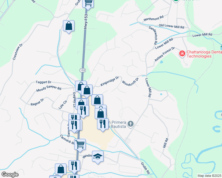 map of restaurants, bars, coffee shops, grocery stores, and more near 450 Kingsridge Drive in Chattanooga
