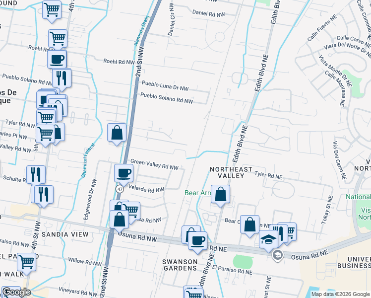 map of restaurants, bars, coffee shops, grocery stores, and more near 102 Tyler Road Northwest in Albuquerque