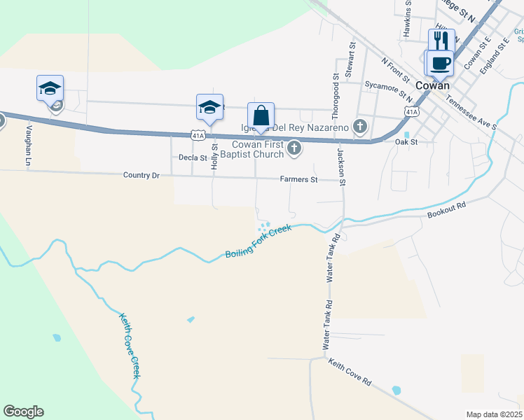 map of restaurants, bars, coffee shops, grocery stores, and more near 249 Circle Drive in Cowan