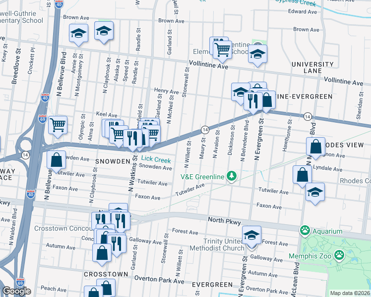 map of restaurants, bars, coffee shops, grocery stores, and more near 725 North Willett Street in Memphis