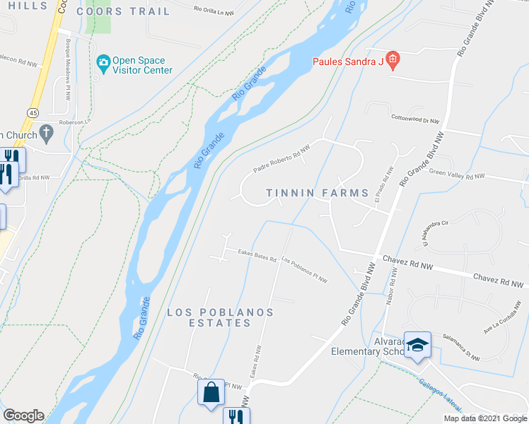 map of restaurants, bars, coffee shops, grocery stores, and more near 1620 Francisca Road Northwest in Los Ranchos de Albuquerque