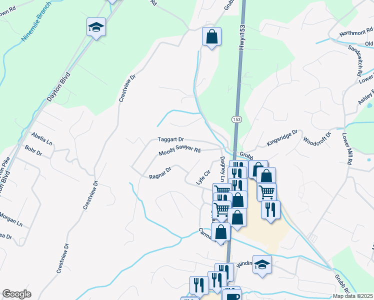 map of restaurants, bars, coffee shops, grocery stores, and more near 5826 Moody Sawyer Road in Chattanooga