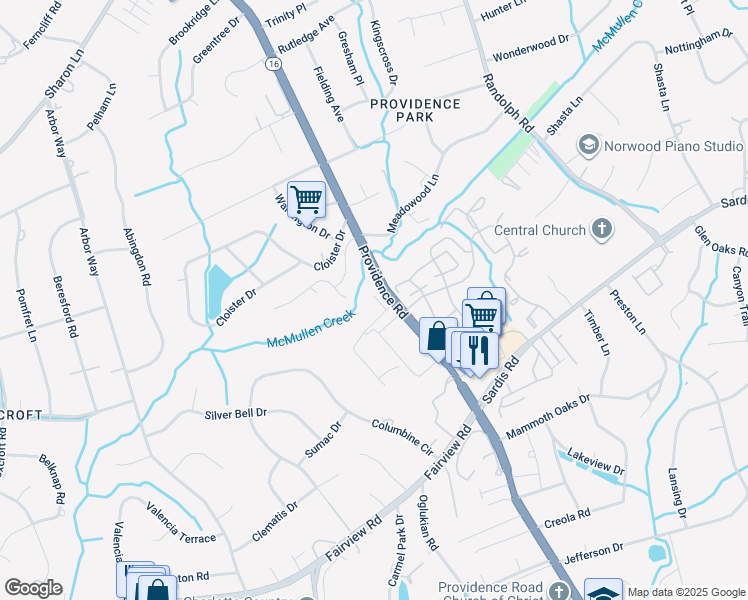 map of restaurants, bars, coffee shops, grocery stores, and more near 4050 Providence Road in Charlotte