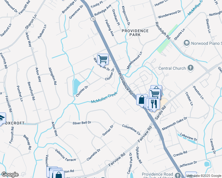 map of restaurants, bars, coffee shops, grocery stores, and more near 1833 Meadowood Lane in Charlotte