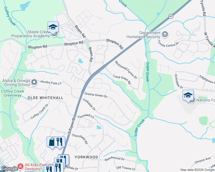 map of restaurants, bars, coffee shops, grocery stores, and more near 7209 Jane Parks Way in Charlotte