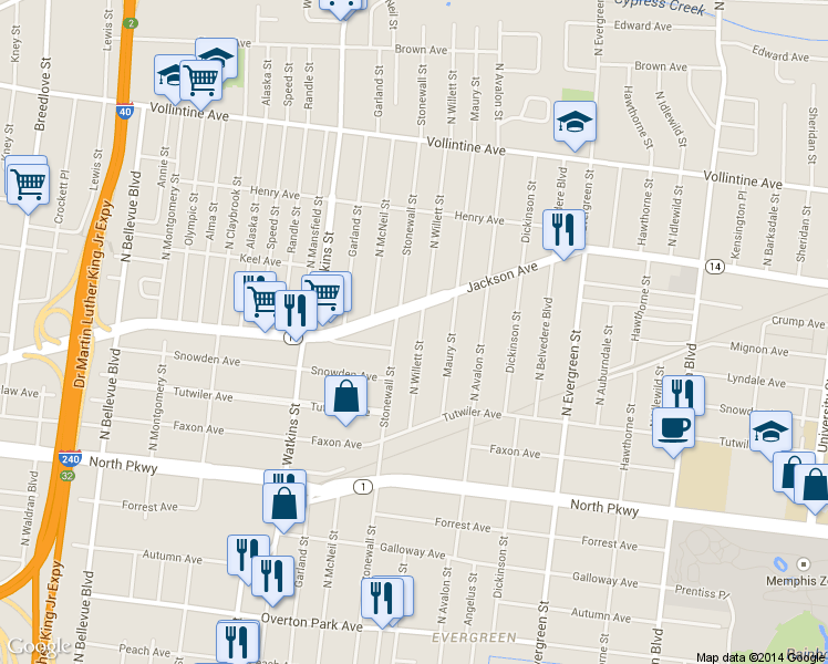 map of restaurants, bars, coffee shops, grocery stores, and more near 725 North Willett Street in Memphis