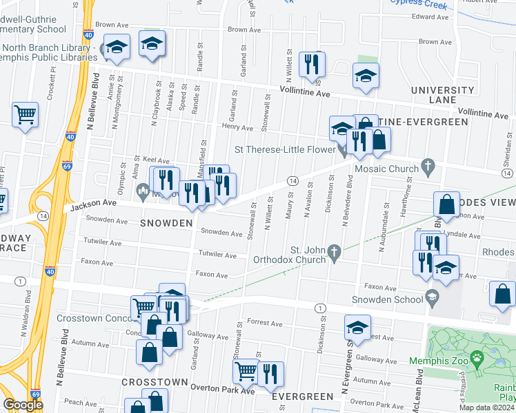 map of restaurants, bars, coffee shops, grocery stores, and more near 725 North Willett Street in Memphis
