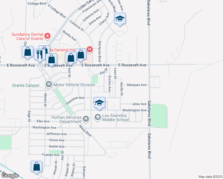 map of restaurants, bars, coffee shops, grocery stores, and more near 1033 Encino Avenue in Grants