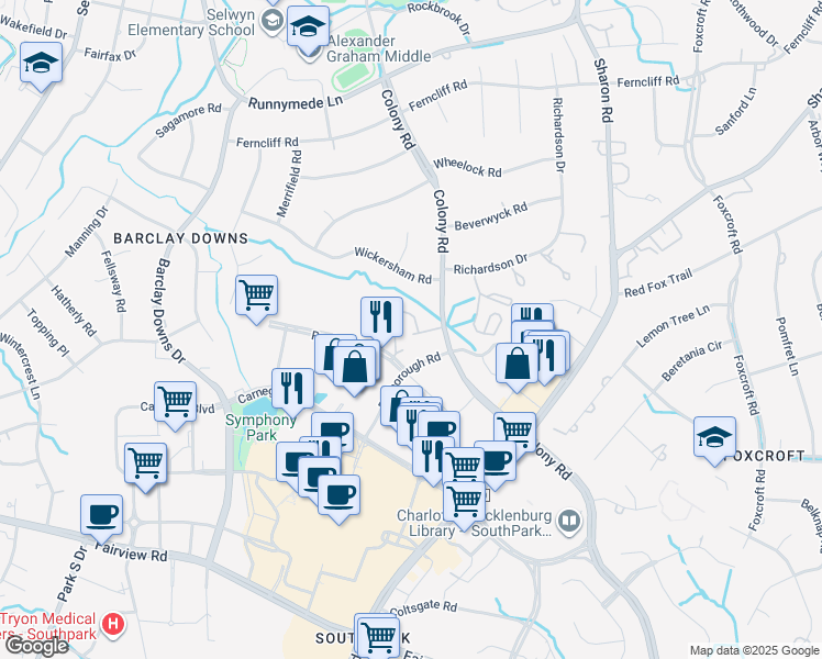 map of restaurants, bars, coffee shops, grocery stores, and more near 3512 Colony Road in Charlotte