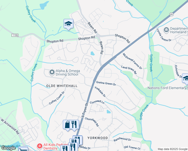 map of restaurants, bars, coffee shops, grocery stores, and more near 7100 Spring Creek Lane in Charlotte