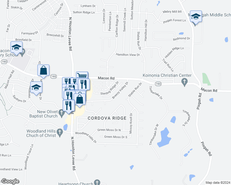 map of restaurants, bars, coffee shops, grocery stores, and more near 1209 Breezy Valley Dr in Cordova