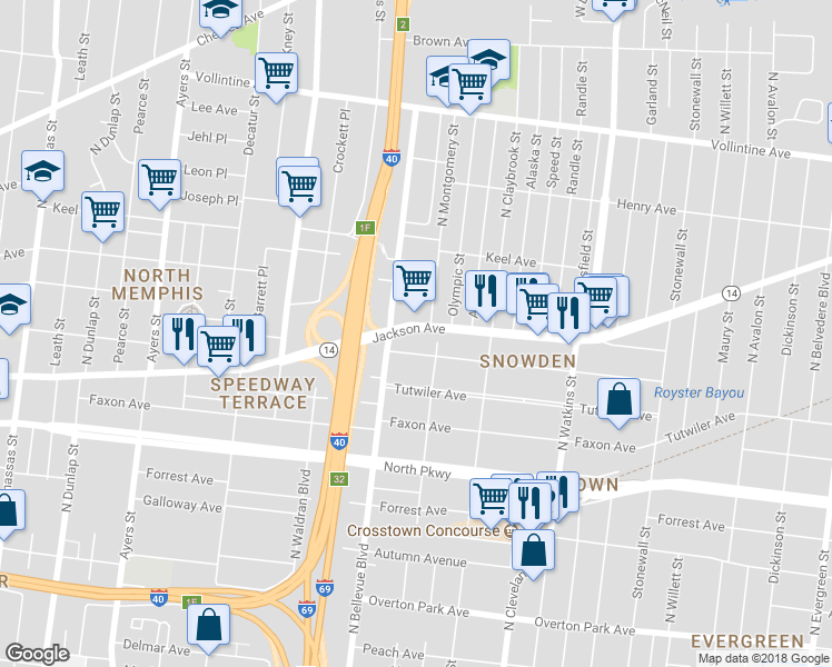 map of restaurants, bars, coffee shops, grocery stores, and more near 1201 Jackson Ave in Memphis