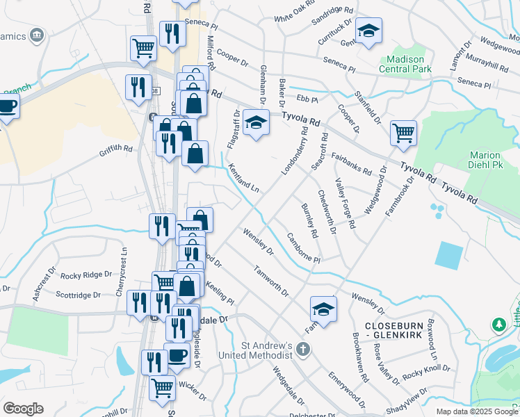 map of restaurants, bars, coffee shops, grocery stores, and more near 5611 Londonderry Road in Charlotte