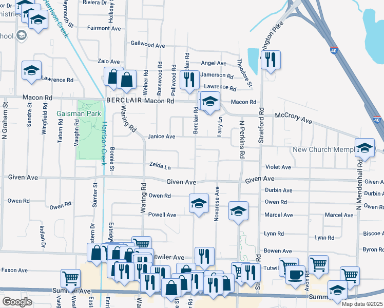 map of restaurants, bars, coffee shops, grocery stores, and more near 987 Berclair Road in Memphis